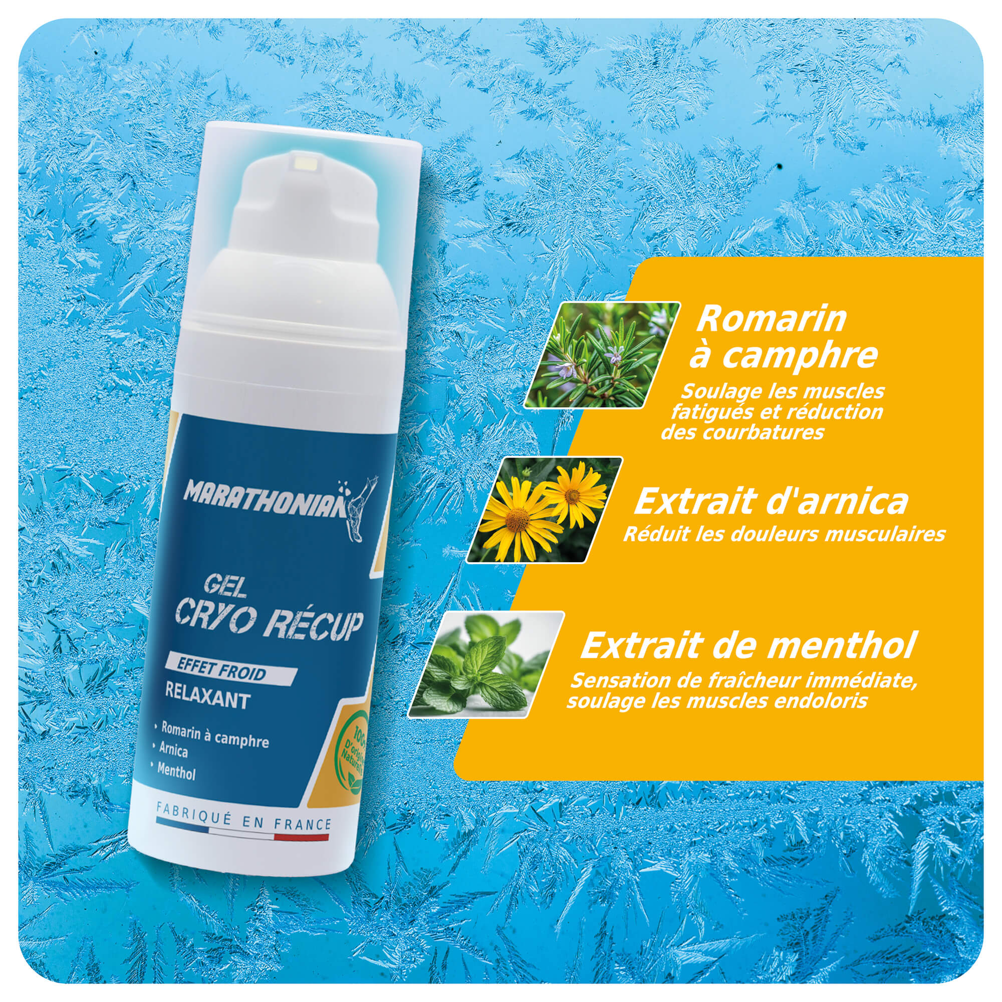 Le gel cryo récupération contient du romarin à camphre , de l'arnica et menthol